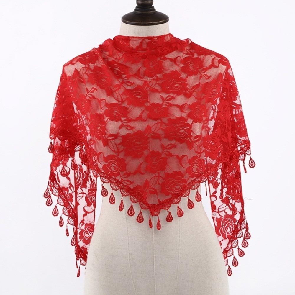 with Tassel Printed Wraps Colorful Flower Triangle Headband Sweet Lace Scarf Girls красный
