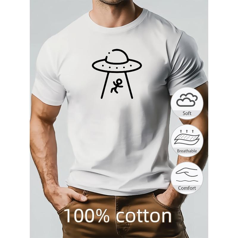 European Sizes Men's Casual Summer T-Shirt with UFO and Alien Abduction Graphic, Soft 100% Cotton, Crew Neck, Short Sleeve