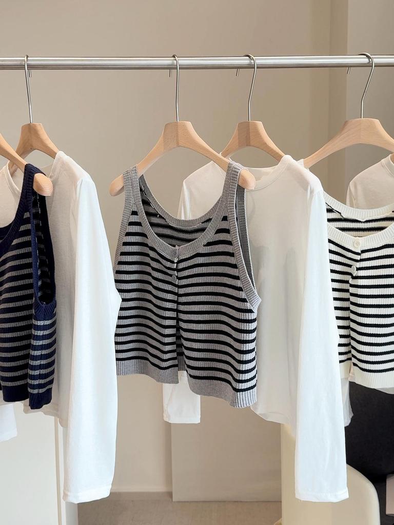 Women's Autumn Layered Korean Stripe Knit Cami & Tee Set