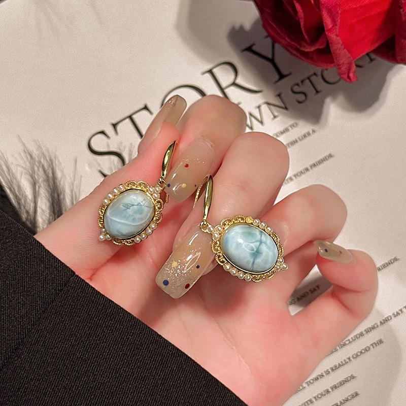 Natural Sea Pattern Stone Sterling Silver S925 Earrings Women's Exquisite Versatile Temperament Fashion French Retro Earrings