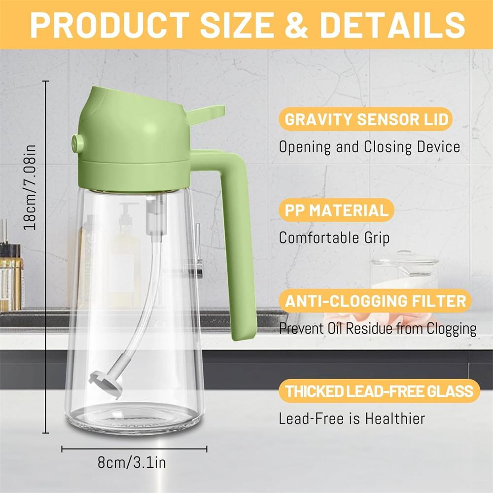 16oz470ML Glass Oil Dispenser with Automatic Flip Lid 2in1 Kitchen BottleCooking SprayerLeak-Proof DesignOil Spray Bottle