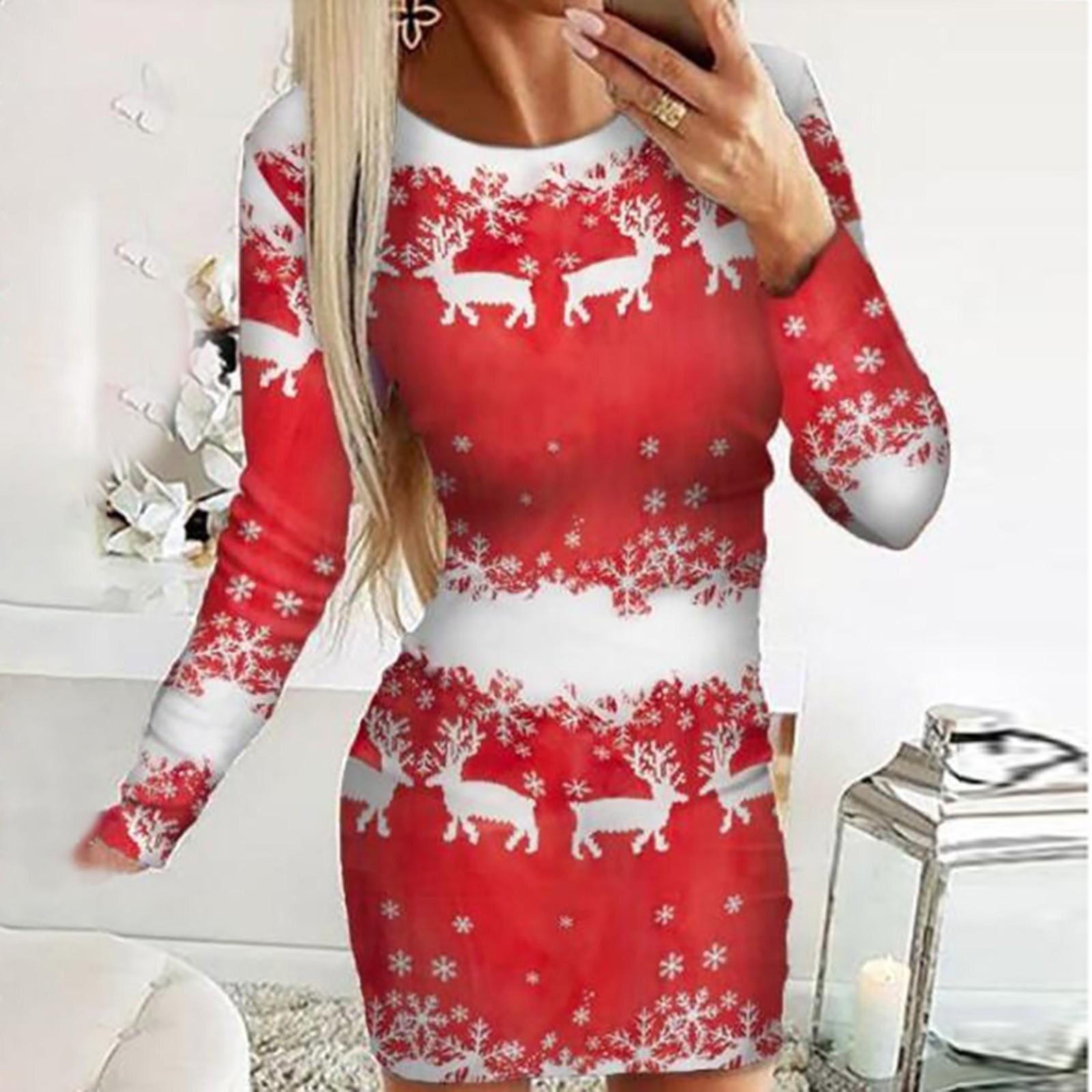 

2024 Женское платье с принтом и круглым вырезом с рождественскими элементами и цифровым позиционированием XL красный