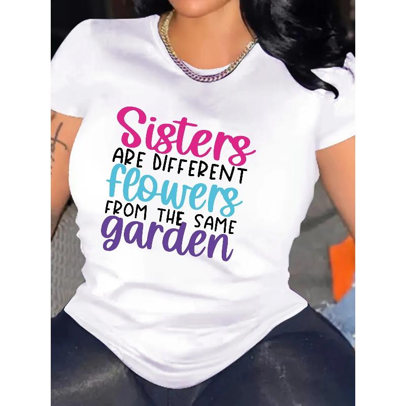 

European sizes Women S Sisters Like Flowers Graphic T-Shirt Vibrant Multicolor Geometric Letter Print, Breathable Short Sleeve Round Neck Casual Top 4XL білий