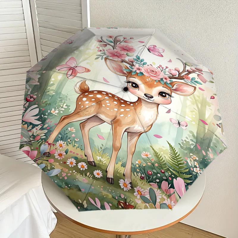 1PC Deer Flowers Umbrella-8-Rib Reinforced, Automatic Open, Lightweight & Durable, Fashion Accessory for Outdoor, H0355