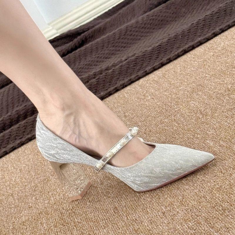 2025 temperament celebrity wedding dress two wear wedding shoes French beautiful silver bow pearl pointed thick heel high heels