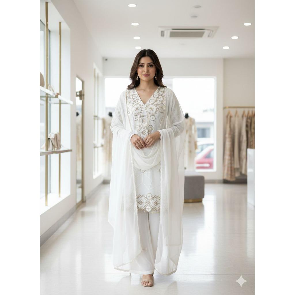 White Georgette Designer Pakisatni Palazzo Suit Indian Bollywood Salwar Kameez