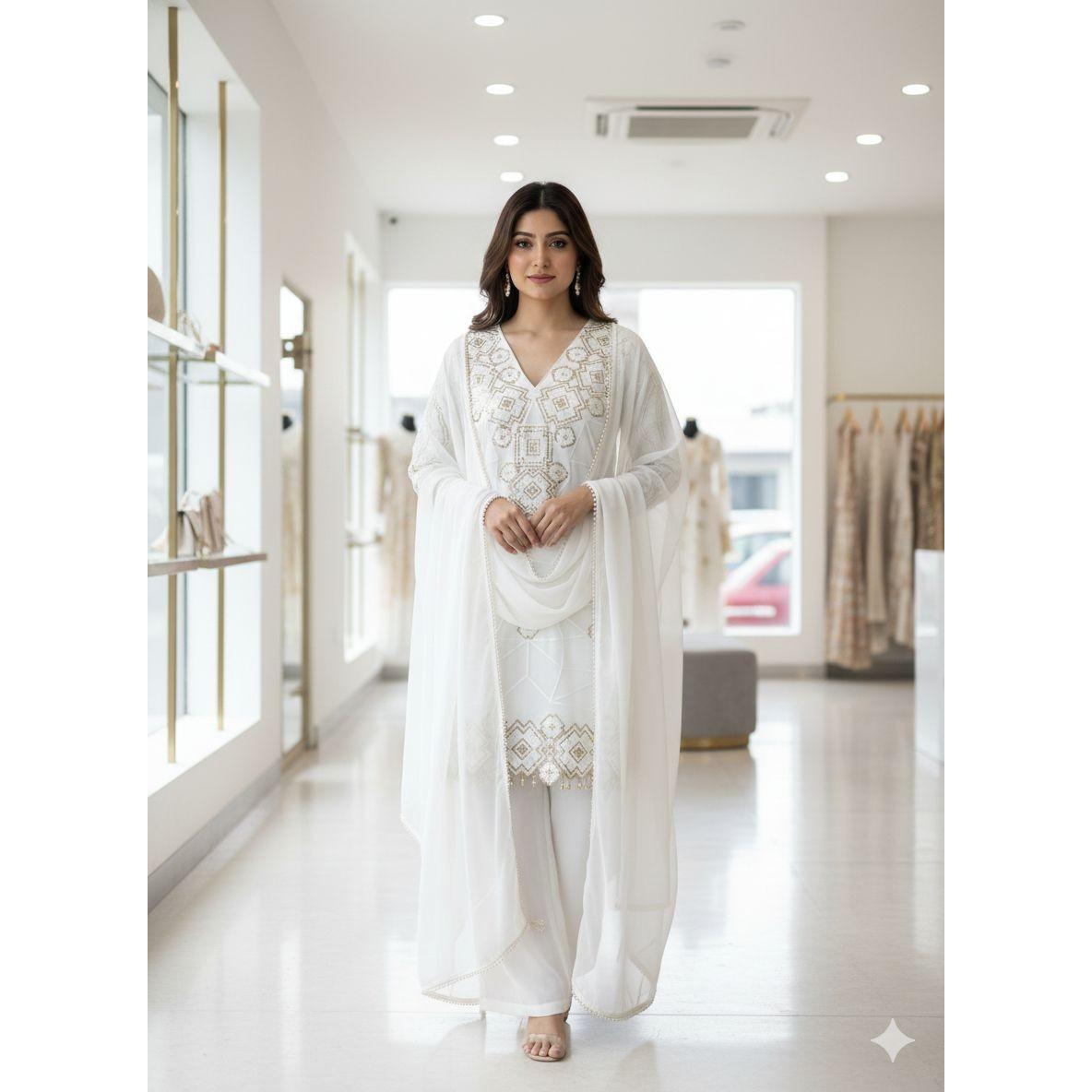 White Georgette Designer Pakisatni Palazzo Suit Indian Bollywood Salwar Kameez L-40