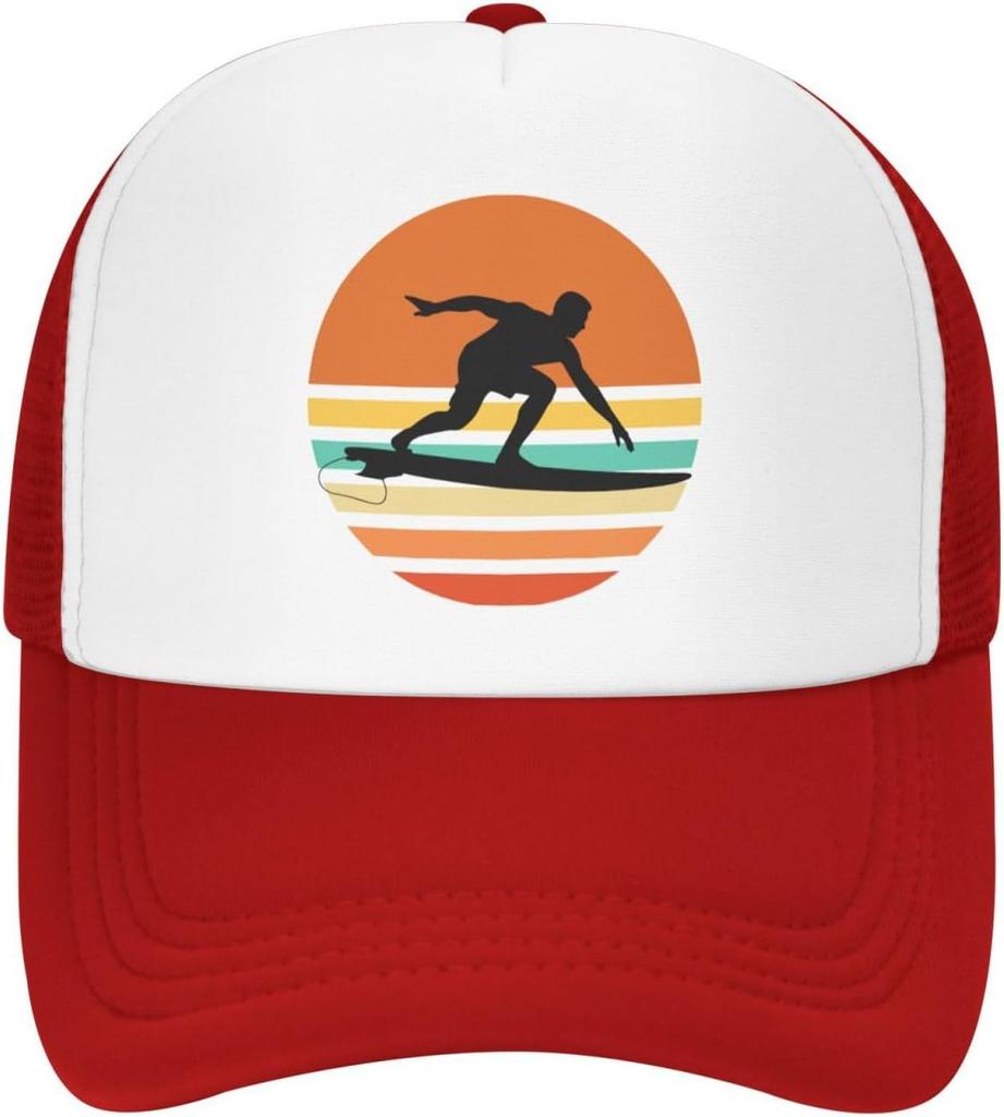 Surfer Sunset Retro Graphic Trucker Hat Polyester Mesh Adjustable Snapback Outdoor Sports Cap for Men Women