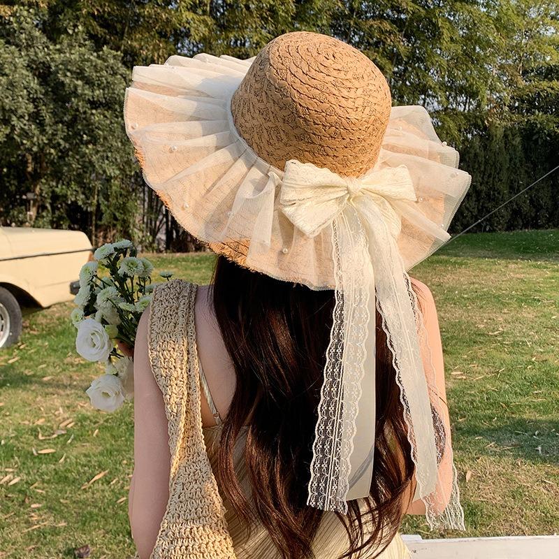 Summer Bow Sun Hat Female, Seaside Beach Vacation Sun Hat Outdoor Big Brim Sun Hat Sweet Straw Hat