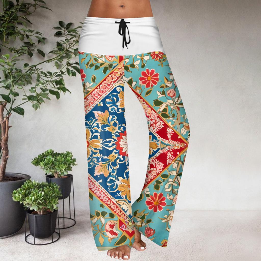 Women's Drawstring Elastic Waistband Wide Leg Color Matching Floral Printed Casual Pants