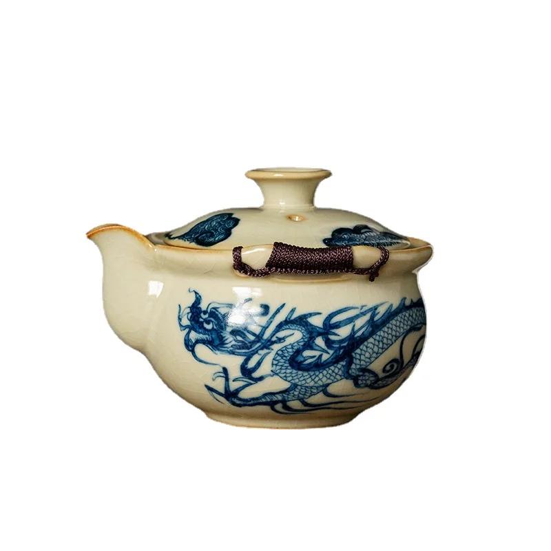 Ru Kiln Cha Wan Tea Cup Blue and White Hand Grab Pot Chinese Kungfu Tea Maker Imitation Yuan Blue and White Dragon Pattern