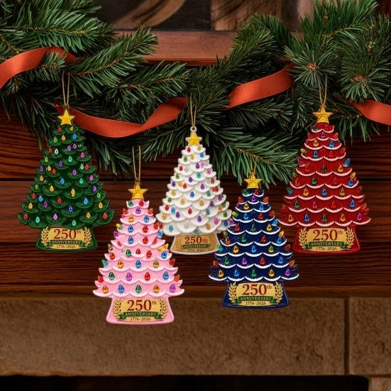 Christmas Tree Pendant 5 Pcs 2D Flat 250 Anniversary USA Ornament, Year Decorative Wall Hanging of America 1776-2026 Acrylic Patriotic Decoration for