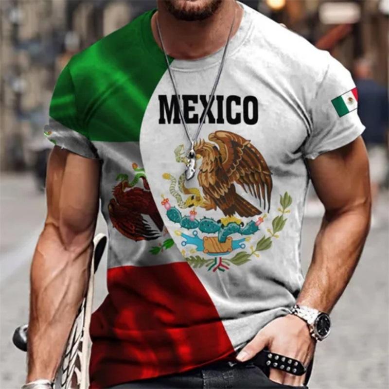 Vintage T Shirt For Men Mexico Flag Print Eagles Pattern Tshirt For Men Casual Short Sleeve Tee Tops Oversized Men Clothing