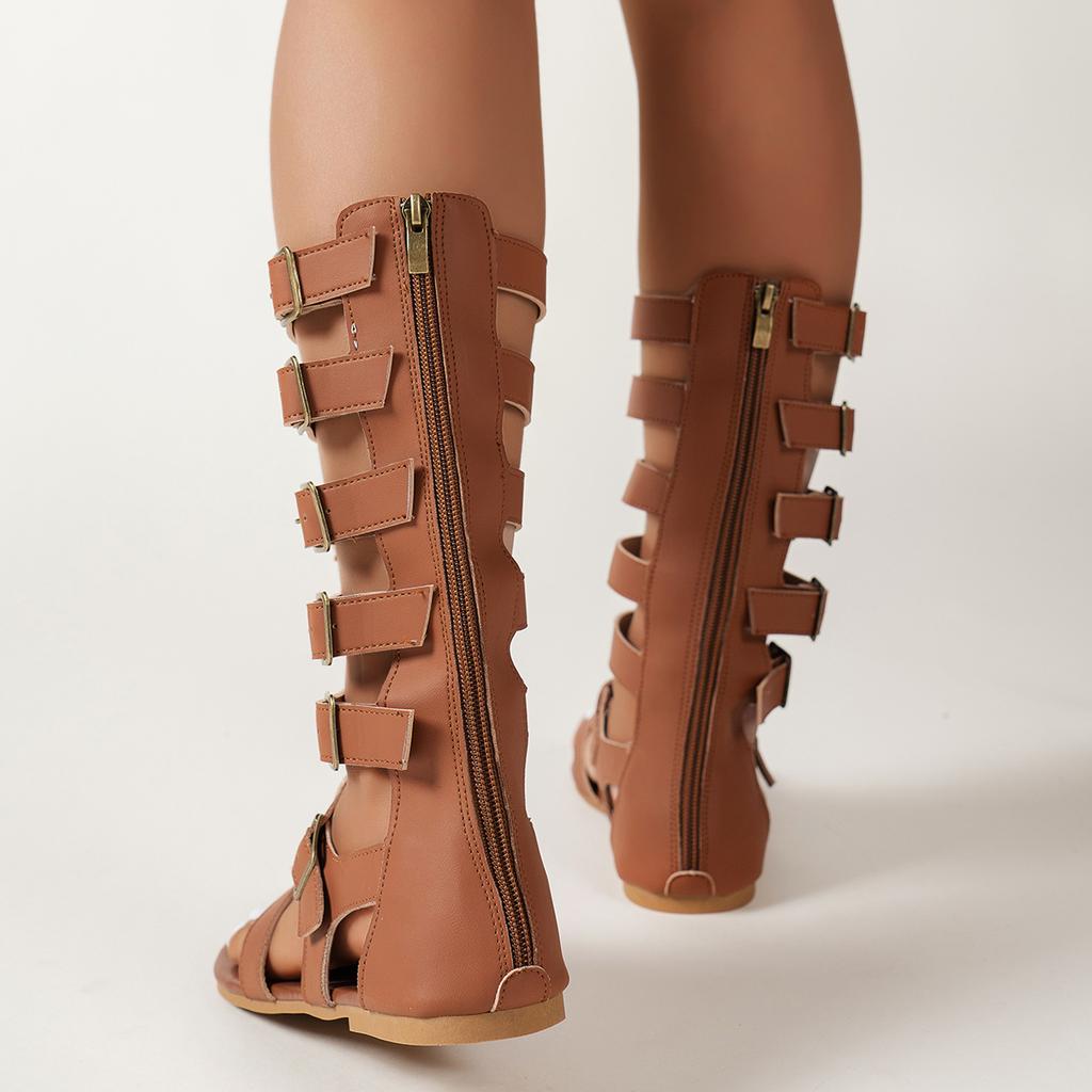 Fashion Fashion Buckle Decor Gladiator Shoes Plus Size Cross Band Flat Sandals for Women 2025 Summer Clip On Mid-Calf Sandals Woman