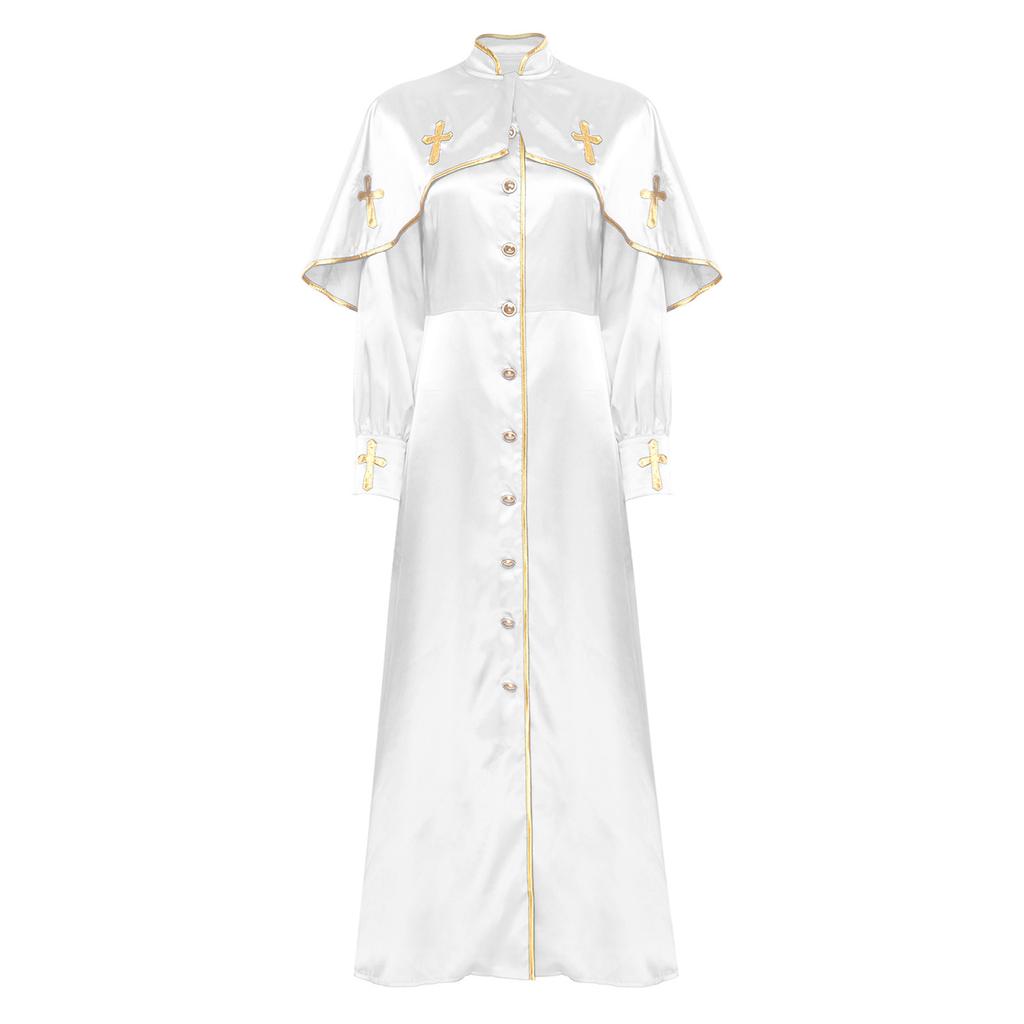 Womens Metallic Trim Church Choir Robe Stand Collar Long Sleeve Button Loose Dress