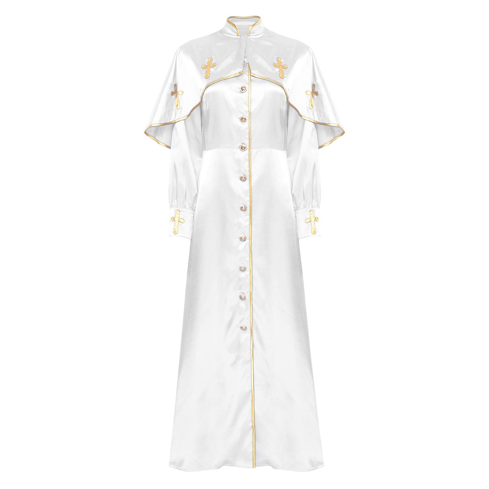 

Жіноча церковна хорова мантія з металевою обробкою, коміром-стійкою, довгими рукавами, на ґудзиках спереду, вільного крою, для виступів S білий