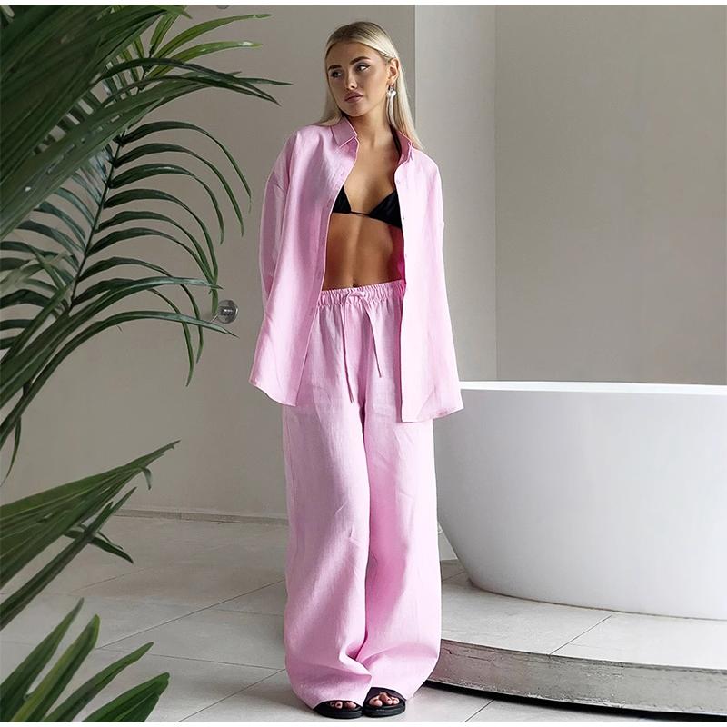 Women Casual Solid Color Cotton Linen Shirt Pants Suits Fashion Single Breasted Blouses Elastic Waist Pants Set Spring Loose Outfits