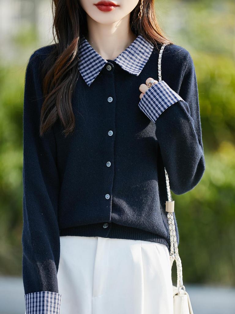 Women's 100% Wool Plaid Patchwork Knit Cardigan, Polo Style, 2025 Autumn/Winter Collection.