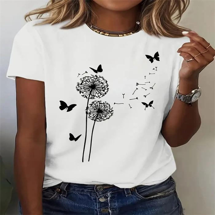 

Summer Round Neck Short Sleeved Top with 3D Dandelion Pattern Printed Women’s T-shirts S