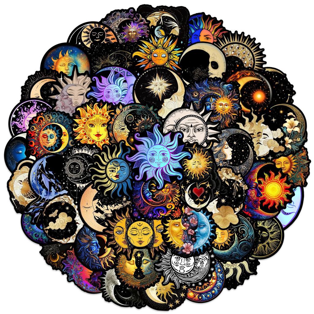 50Pcs Art Moon Sun Stickers Moon DIY Scrapbooking Phone Luggage Skateboard Waterproof Decals