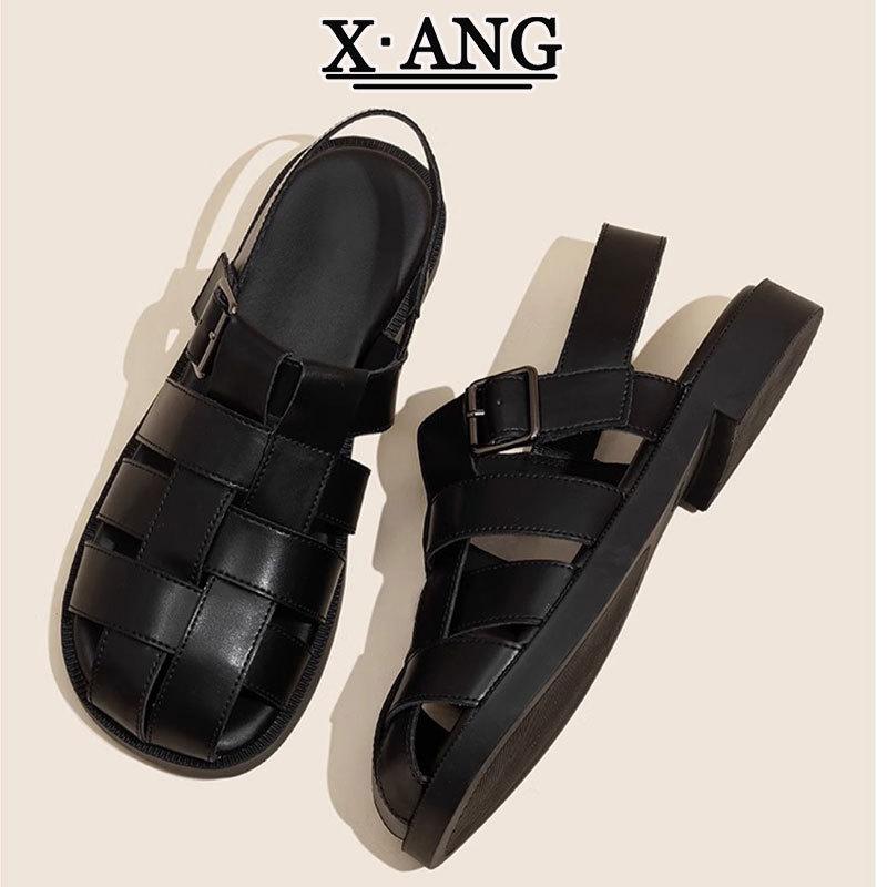 

Cowhide version soft-soled bag head half slippers women s summer wear 2025 new woven hollow pig cage shoes Roman sandals women 35