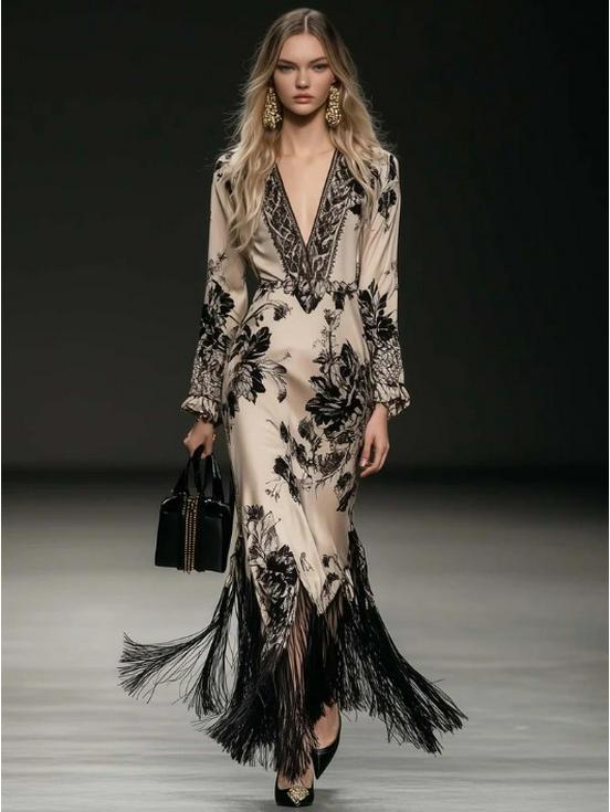 

Elegant Bohemian V-Neck Tassel Floral Print Beige Satin Long Dress XXL