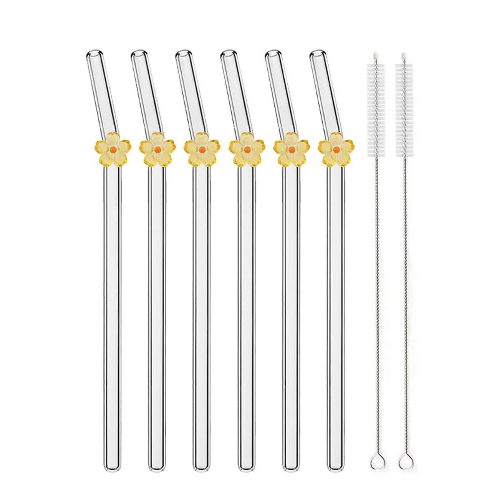 6PCS Reusable Drinking Straws Cute Flower Glass Straws with Cleaning Brush for Coffee Lover Smoothies Frozen Drinks Tea Juice