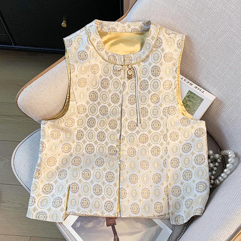 

Женский ретро жилет танского костюма с пионами, застежкой-лягушкой и отделкой золотой нитью XL