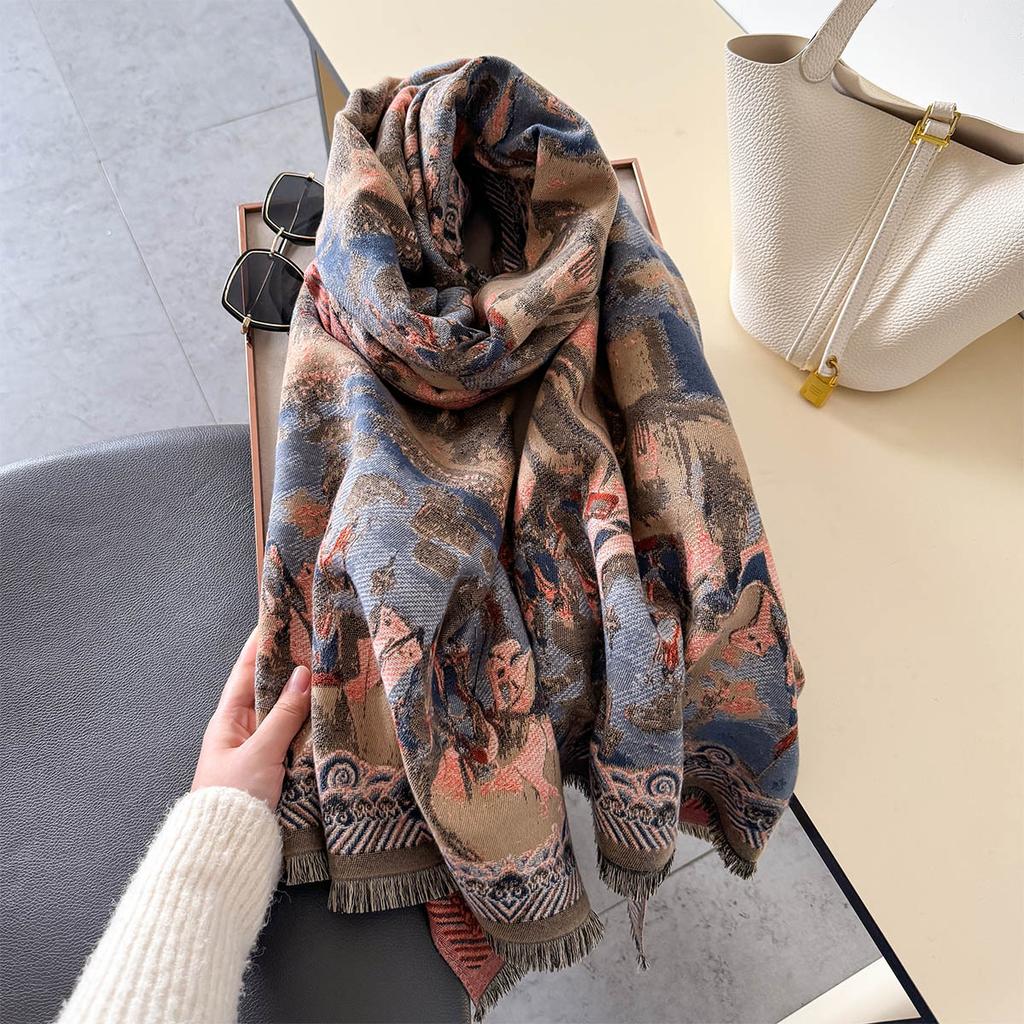 Classic Painting Thickened Scarf Women Autumn Winter Warm Neckscarf Shawl Fashion Tassels Pashmina Lady Wrap Windproof Scarves