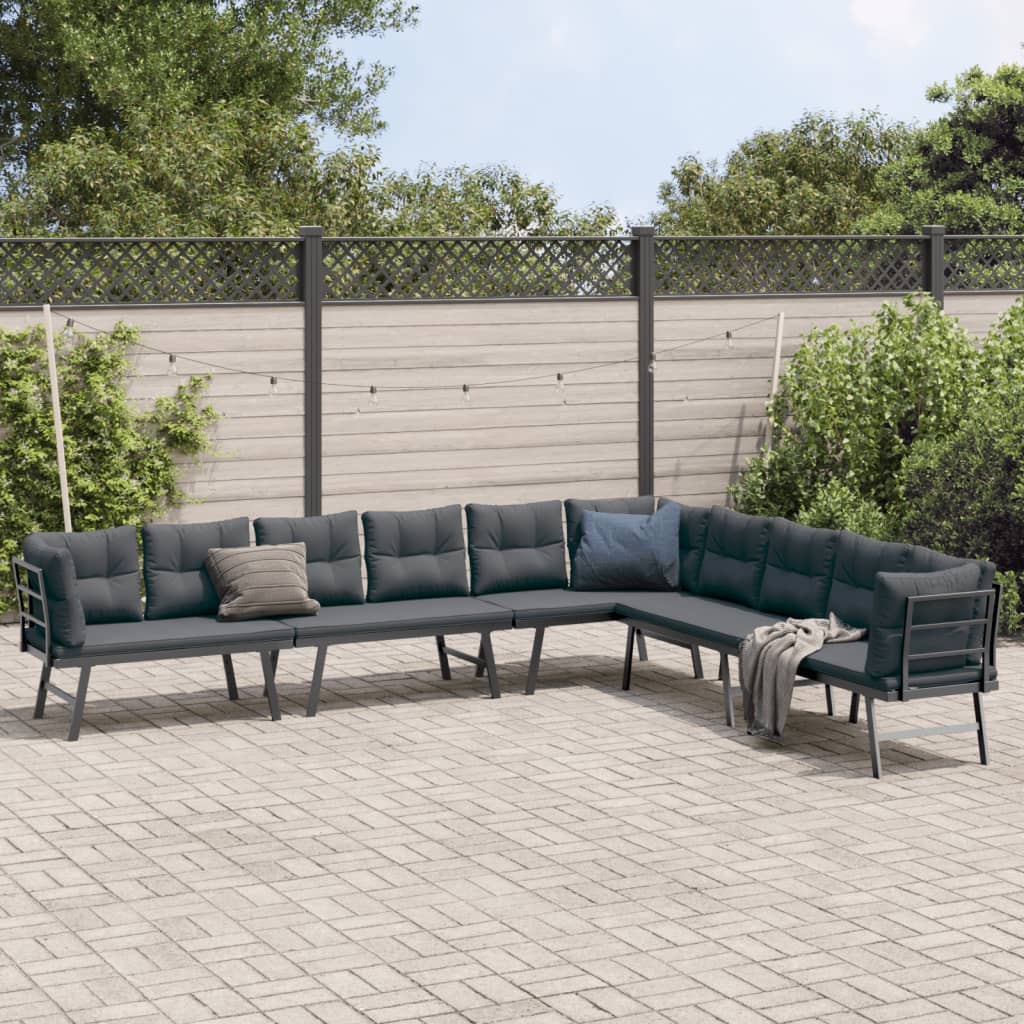 Garden Benches Set of 4 with Cushions Black Powder Coated Steel