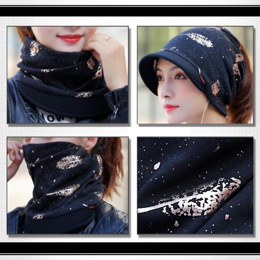 WHITE FANG Knitted Hat with Brim Feather Cap Neck Warmer Stylish CA375 Women's (04 Brown)