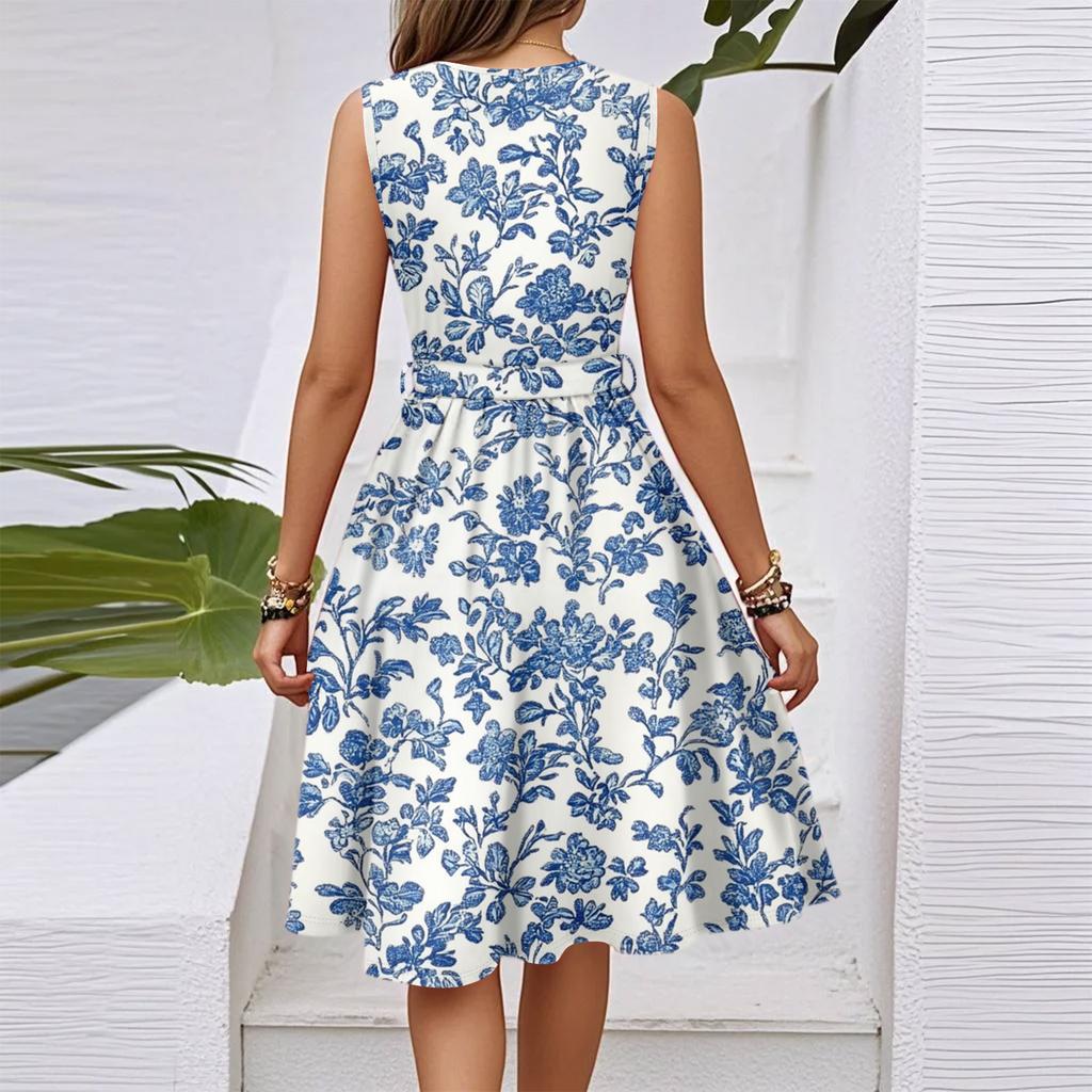 Women's Spring And Summer Casual V-Neck Sleeveless Waist Floral Print Midi Dress