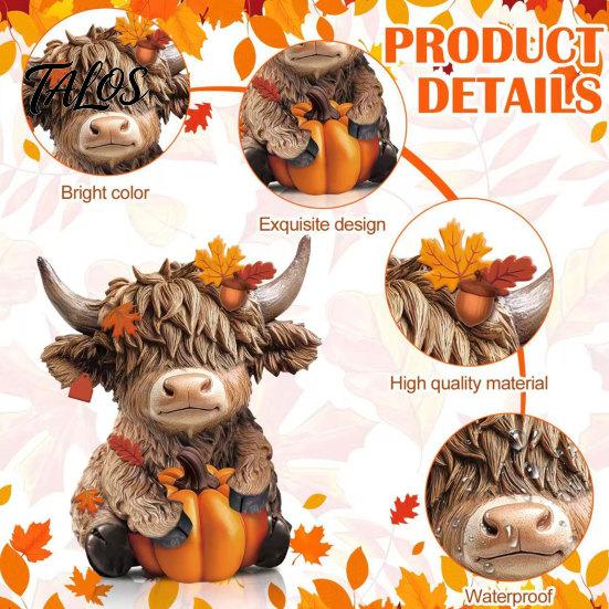 Fall Decorations 2PCS Autumn Highland Cow Ornament, Thanksgiving Day Theme Wooden Decoration, with Woodcraft Decor Exquisite Details Figurine,