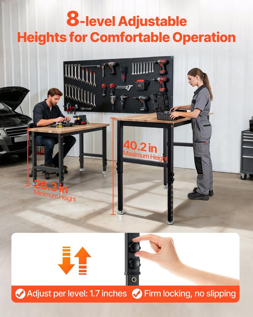 Verstellbare Werkbank, 680 kg Tragfähigkeit, 122 x 60 cm Eichenholzplatte Werkbank mit 67-102 cm Höhenverstellung, Robuster Hartholz-Arbeitstisch für Garage,