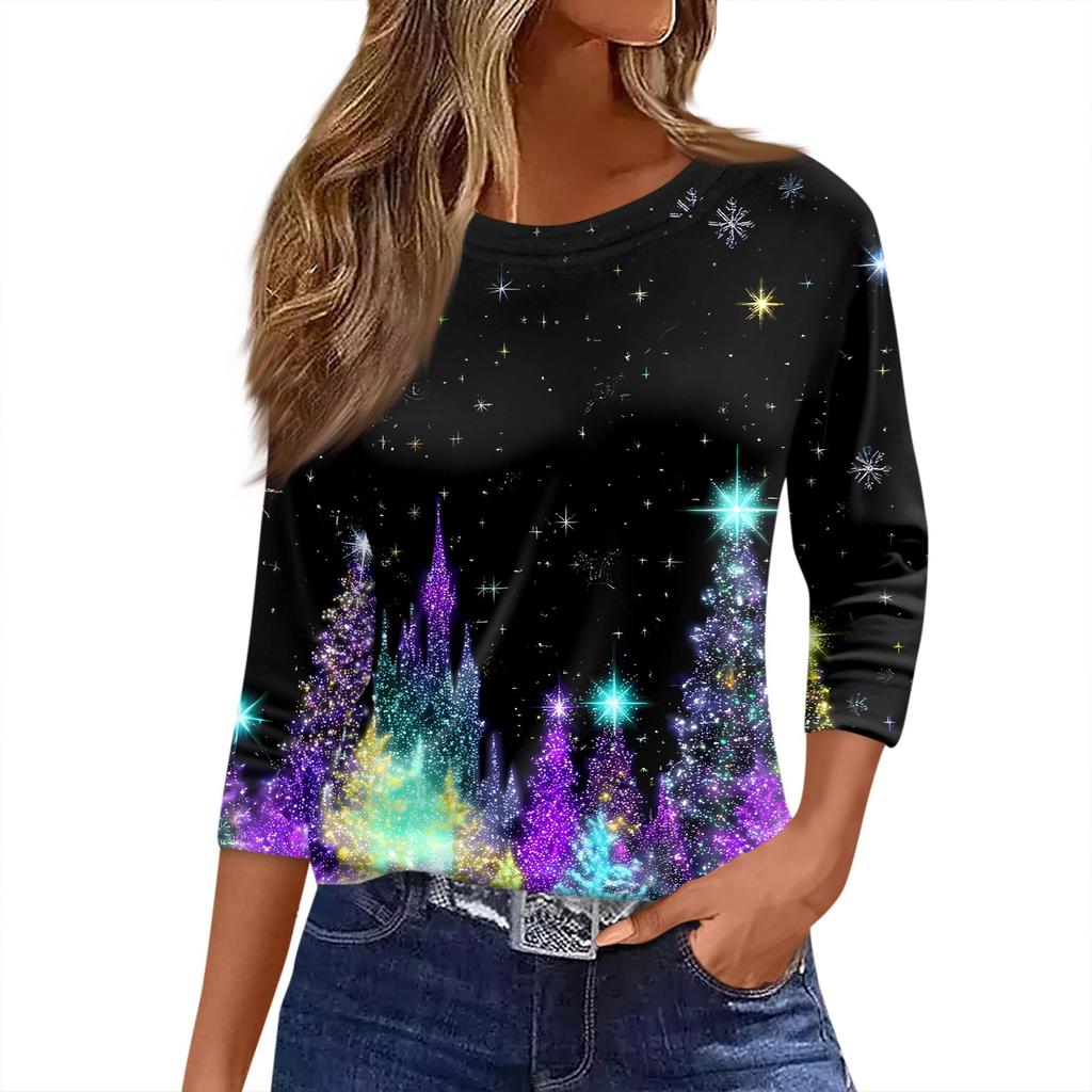 Women's T Shirt Christmas Print 3/4 Sleeve Daily Weekend Fashion Basic Round Neck Regular Top