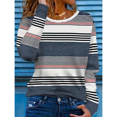 Lässiges Damen-Langarmshirt mit 3D-Streifenprint – Rundhalsausschnitt, lockere Passform