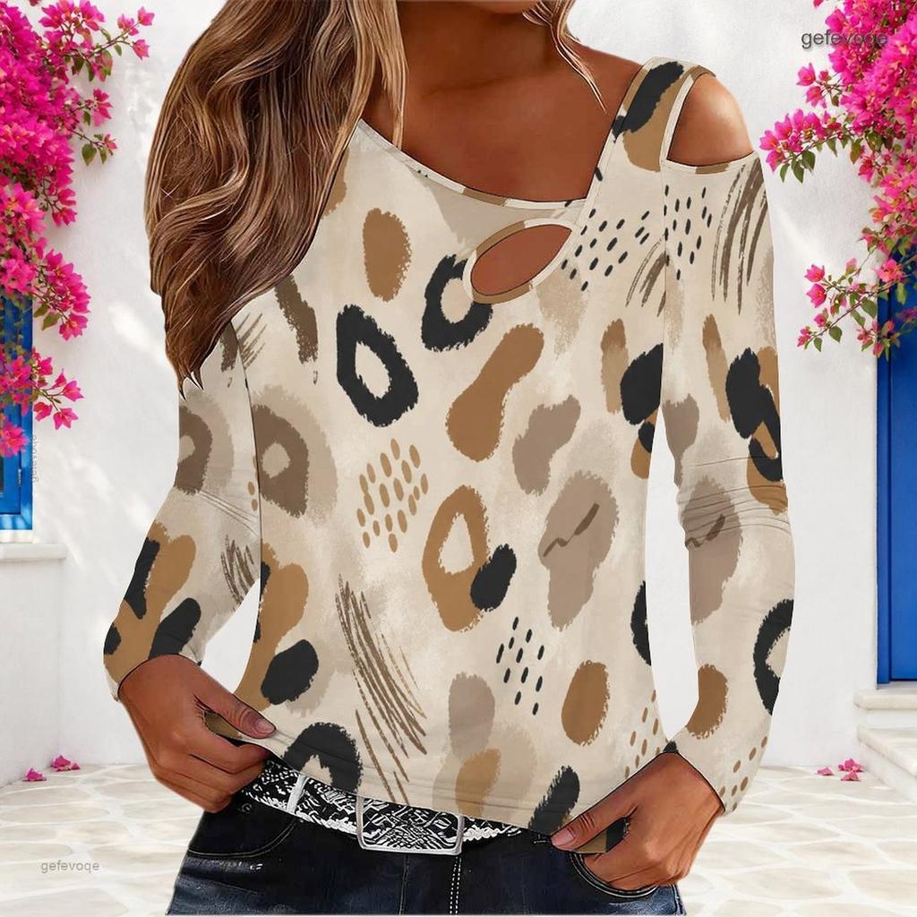 Women Plus Size Camouflage Print Asymmetric Cutout Cold Shoulder Long Sleeve Fitted Top