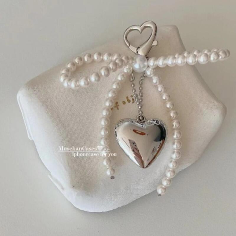 Women s Silver Metal Plump Heart Keychain Set CD8822_Silver Heart Pearl Ribbon Keyring Set
