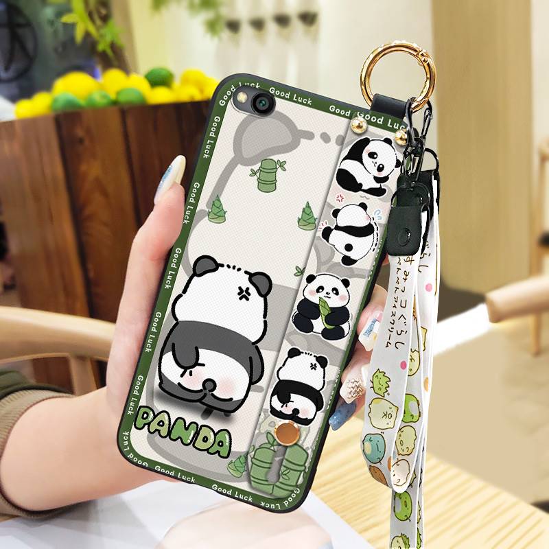 Durable Panda Phone Case For Xiaomi Redmi GO Anti-dust Cute Anti-knock Protective Lanyard Wristband Cartoon Phone Holder
