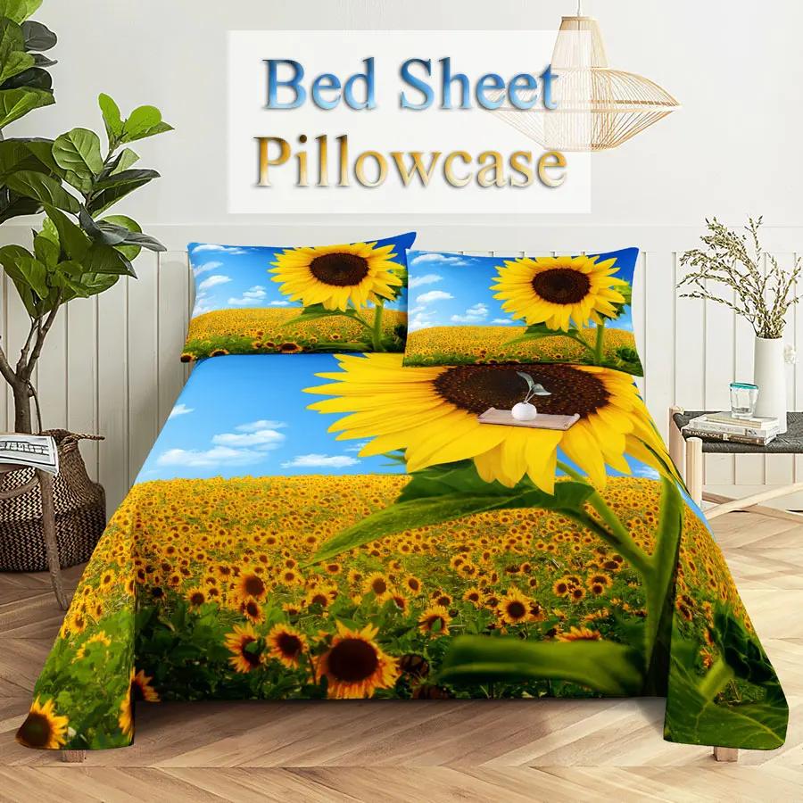 Sunflower Bed Sheets and Pillowcases for Single Double Beds Bedsheets Set with Pillow Case 2pcs 3pcs Queen Full Size 3D Soft