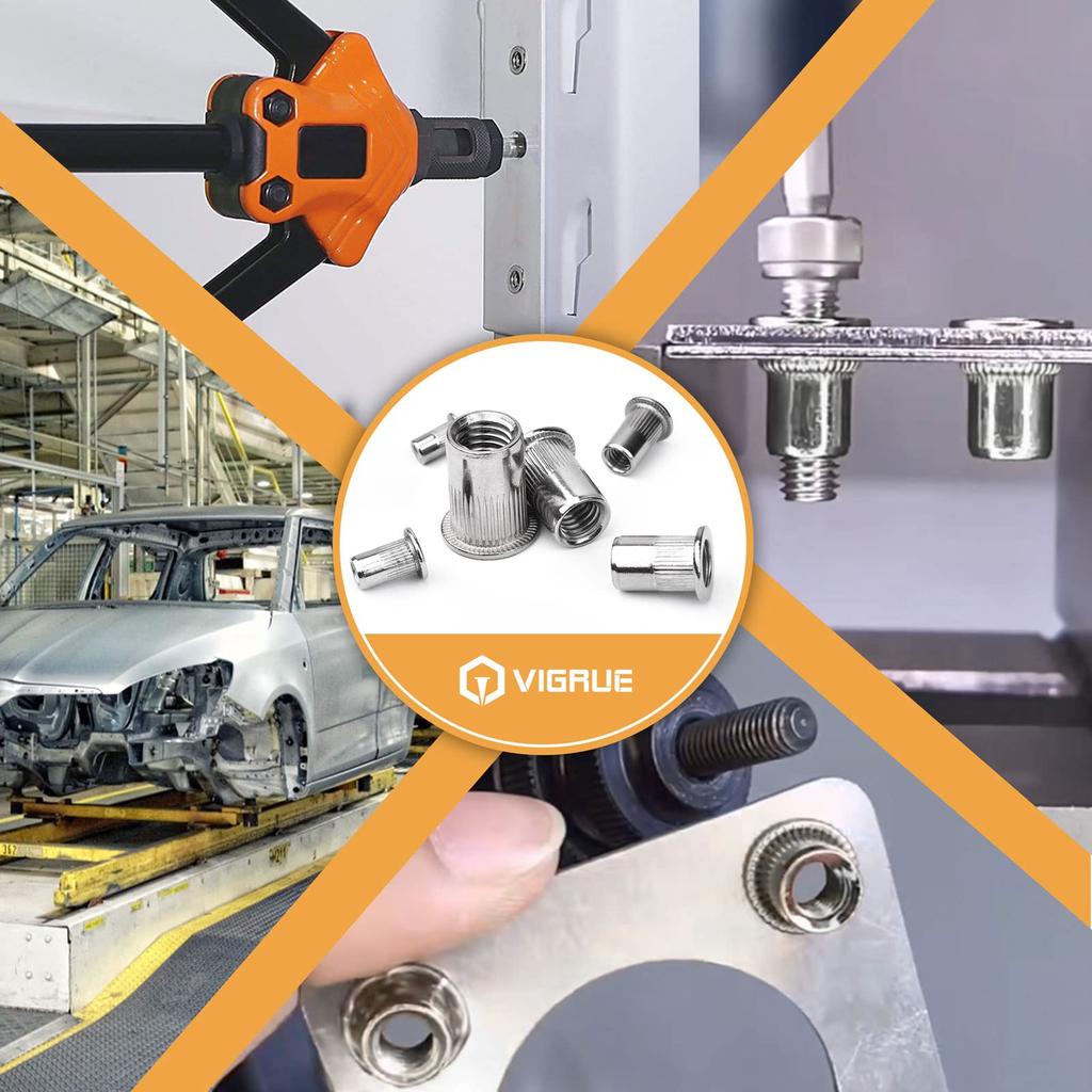 SAE Assortment, VIGRUE 185pcs #8-32#10-24 1/4"-20 5/16"-18 3/8"-16 304 Stainless Steel Erts Riv Kit, Flat Head Threaded Insert Nut Assort