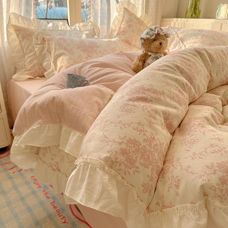

French floral cotton skin-friendly 4pcs set, bed quilt cover, dormitory Korean version lace three-piece set 1.2 m 3pc quilt 1.5*2m