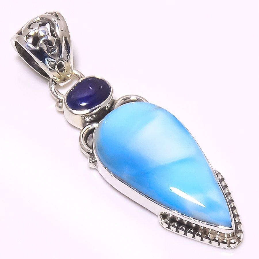 Natural Republic Larimar, Kyanite 925 Solid Sterling Silver Pendant 1.77" Z4K01