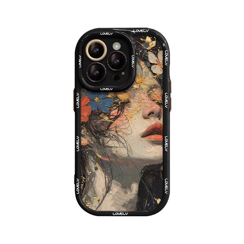 Oil Painting Flower Girl Suitable for Apple 16 Phone Case 15, Acrylic 14pro, Fine Hole Anti-drop 13, Full Package 12/11