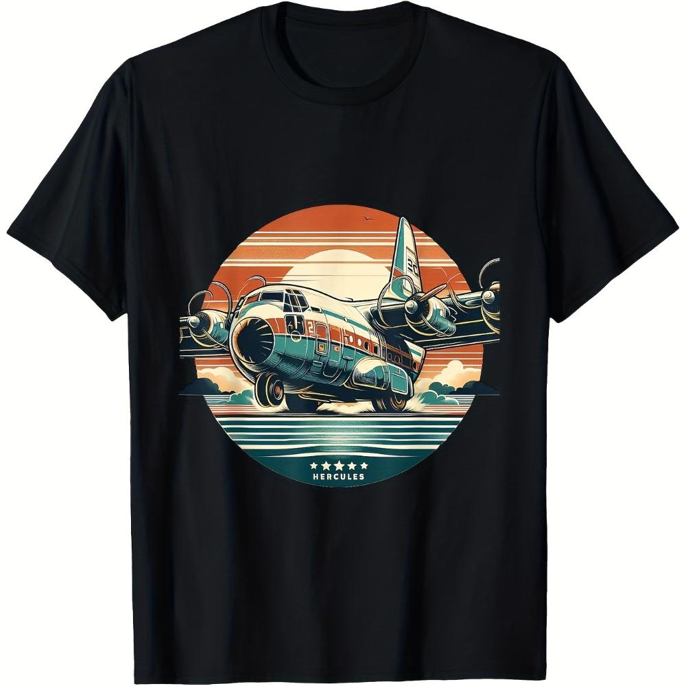 Men'S Vintage C-130 Hercules Airplane Graphic Tee Retro Sunset Pilot Design Men's T-shirts for
