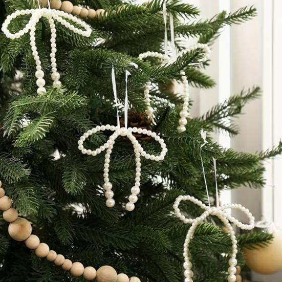 Faux Pearl Bow Christmas Ornaments White Faux Pearl Bead Bows Hanging Ornament Bowknot Tree Topper for Wedding Bridal Baby Shower Birthday Decoration