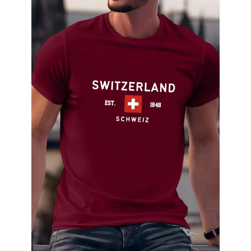 Summer Men's Casual Loose Plus Size Switzerland Pattern Printed Round Neck Short Sleeve Tee T-Shirt Top 2025