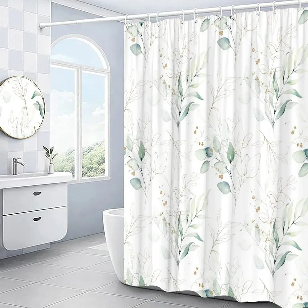 Leaves Shower Curtain Set Garden Plant Green Leaf Fresh Rustic Style Bathroom Decor Bath Curtain Polyester Fabric Washable Cloth