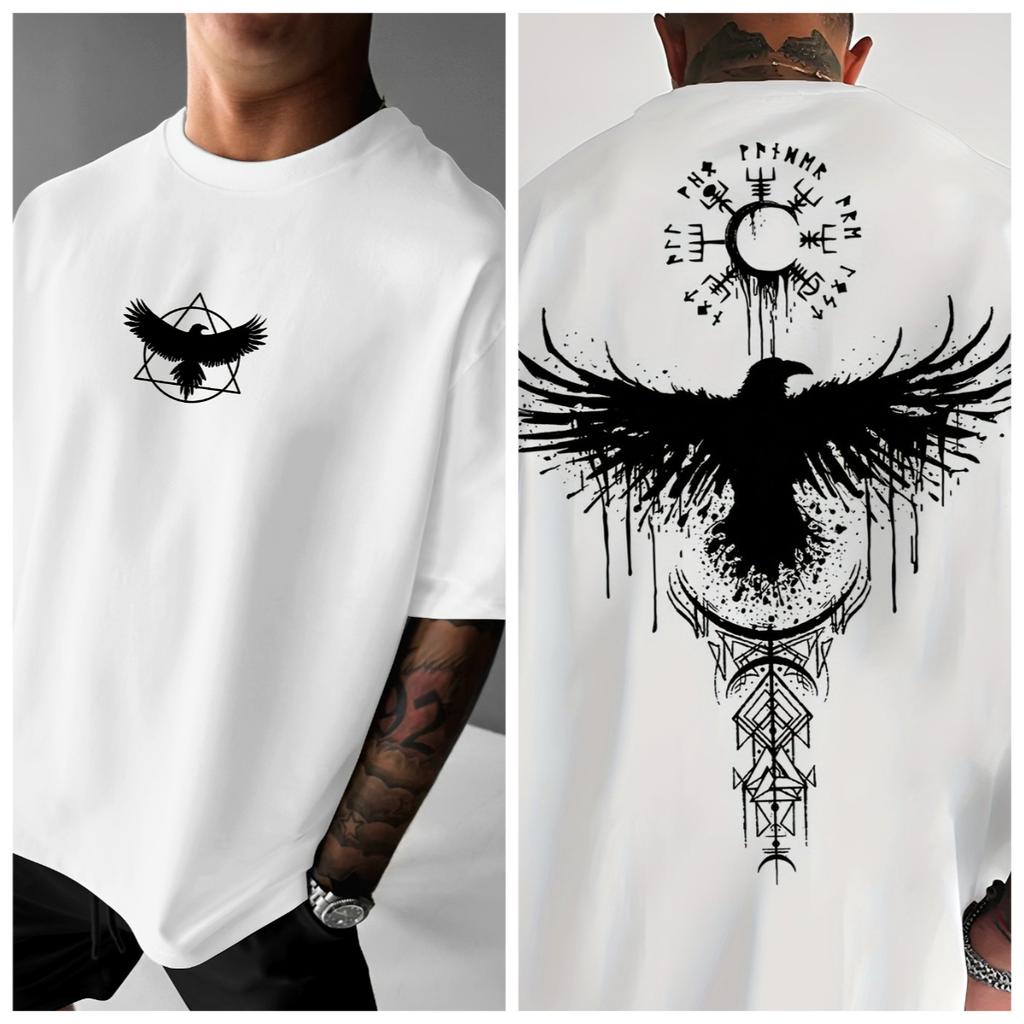 Men Raven Totem Graphic T-Shirt Breathable Summer Streetwear Tee with Geometric Tribal Print Light Yellow