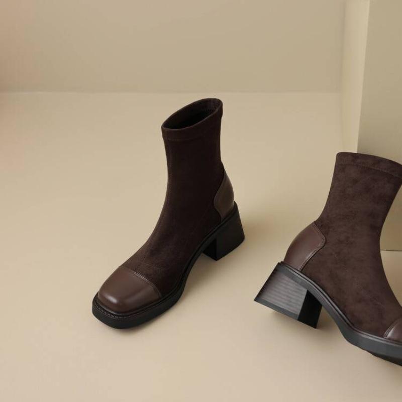 Korean version of the new suede medium heel large size women's boots thick-soled non-slip leather boots round head medium boots square and autumn a